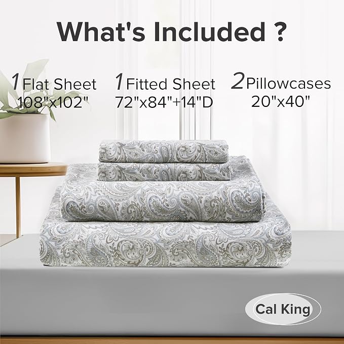 Comfort Spaces 100% Cotton Percale Sheets Cal King Size 4 Pc, Paisley Multi | Crisp, Cool & Breathable Bed Sheets, 14" Deep Pocket Fits Up to 16" Mattress, Lightweight, All Season Cozy, with Pillow Case