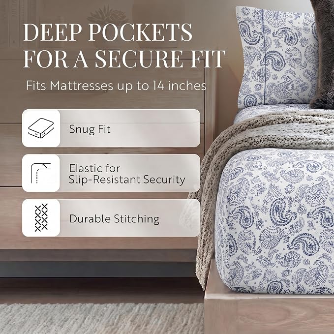 Linen Market Double-Brushed Patterned Microfiber California King Sheet Set 4 Piece – OEKO-TEX Certified Ultra Soft & Wrinkle-Free - 16" Deep Pocket Sheets Easy Care Cal-King Size - Coarse Paisley Navy