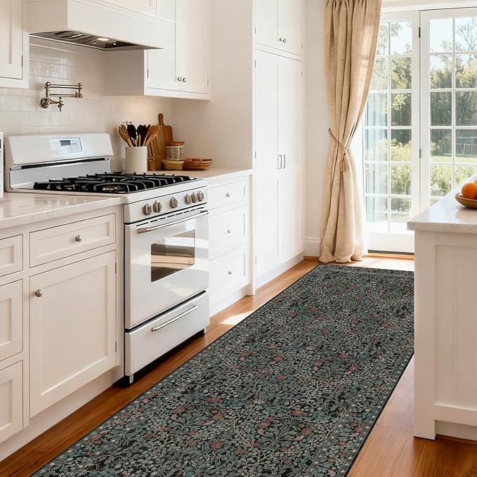 Washable 2' x 6' Runners for Hallways, Non Slip Long Floor Runner for Kitchen, Entryway Indoor, Stain Resistant Rubber Backing Floral Decor Rug (Dark Green)