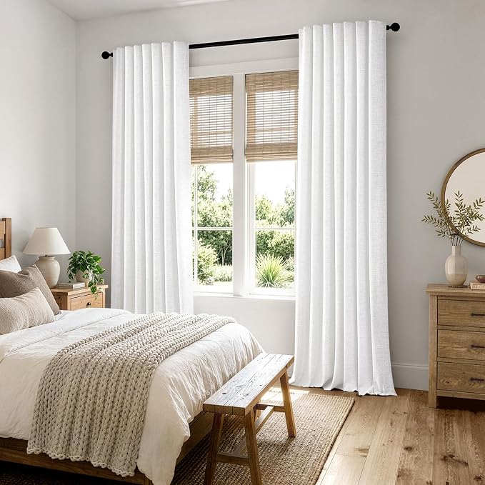 MIULEE 100% Blackout Linen Curtains 42 x 90 Inch Bright White 2 Panels | Thermal Insulated, Room Darkening Drapes for Bedroom Living Room, Back Tab Rod Pocket Pinch Pleated, Solid Luxury Decor
