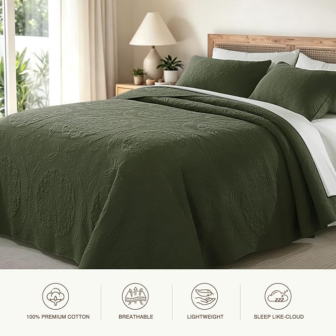 GOONE 100% Cotton Quilt Set King Size, Bedding Sets 108x98 in, Olive Green | Lightweight Breathable Bedspread for All Season, 3-Piece Floral Medallion Stitch Country Quilted Coverlet with 2 Pillow Shams