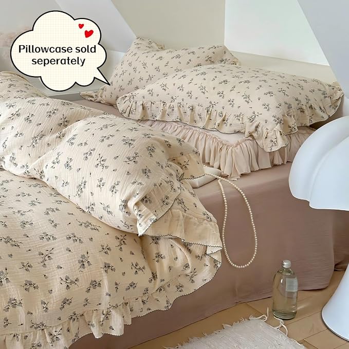 Muslin Duvet Cover Queen, Chic Ruffles Comforter Cover 90"x90",Princess Girls Teens Bedding Double-Layer Gauze Cotton Quilt Covers with Zipper Closure, Hyacinth Print, No Pillow Case