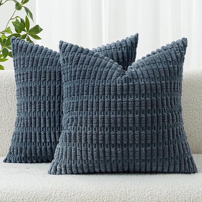 MIULEE Corduroy Decorative Throw Pillow Covers 20x20 Blue Pack of 2 | Soft Boho Striped Pillow Covers Modern Farmhouse Coastal Home Decor For Sofa Living Room Couch Bed