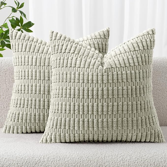 MIULEE Euro Sham Corduroy Decorative Throw Pillow Covers 24x24 Light Green | Pack of 2 Soft Boho Striped Pillow Covers Modern Farmhouse Home Decor For Sofa Living Room Couch Bed