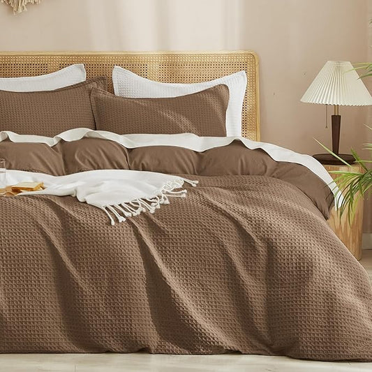 PHF Waffle Duvet Cover Set King, Ultra Soft & Breathable, 104"x90", Mocha | 300GSM Fabrie，No Snagging Textured Honeycomb Comforter Cover for All Season 3pcs, Durable Bedding Duvet Set, Home Decor Gift