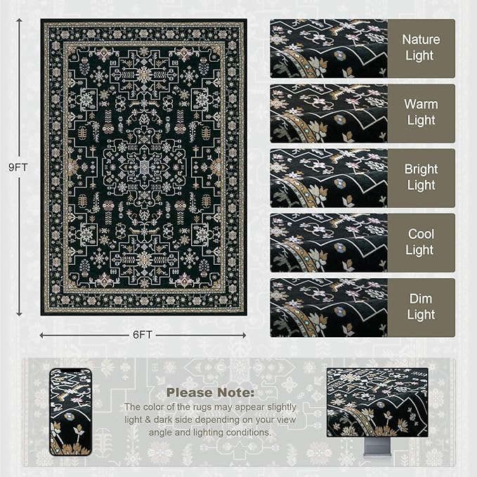 6x9 Area Rugs Living Room: Washable Vintage Rug for Bedroom Black | Boho No Slip Stain Resistant Rug Soft Indoor Decor Floor Floral 6x9 Area Rugs for Dining Room, Nursery, Hallway, Home Office