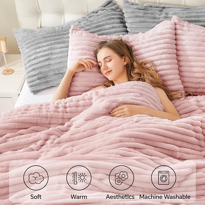 BEDELITE Fleece California King Comforter Set, Fluffy Bed Set, Pink | Super Soft & Warm Bedding, Luxury Fuzzy Faux Fur Comforter for Winter, Heavy Plush Bedding, with 2 Pillowcases