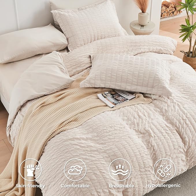 HYMOKEGE Beige Queen Comforter Set Seersucker 7 Pieces, All Season Luxury Bed in a Bag for Bedroom, Bedding Set with Comforters, Sheets, Pillowcases & Shams
