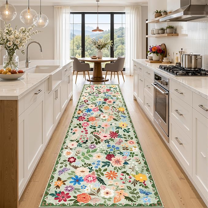 PLHXFR 2.6x14 Washable Runner Rug：Floral Indoor Kitchen Soft Carpet Green | For Hallway Bedroom Kitchen Laundry Bathroom Dorm,Vintage Floral,Machine washable,Non Slip,Stain Resistant,Indoor Floor