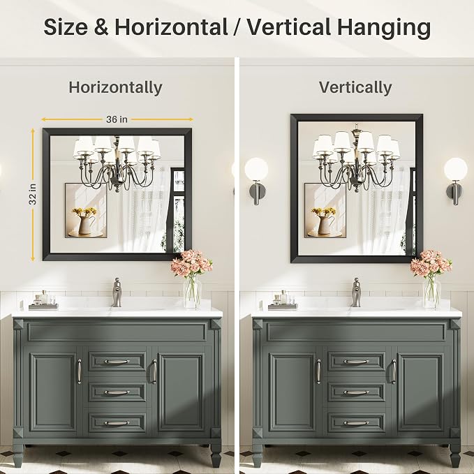 Black Metal Framed Bathroom Wall Mirror, 36x32 Inch | Anti-rust, HD tempered glass, for bathroom vanity, bedroom, living room, horizontal or vertical mount