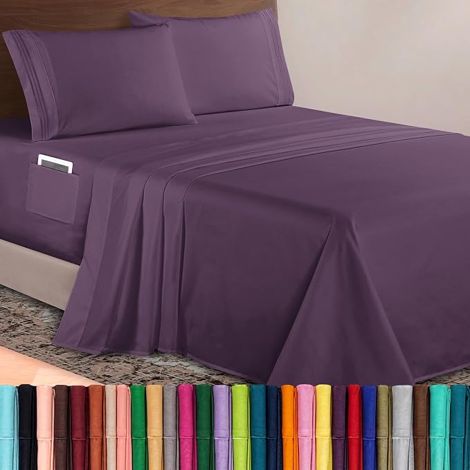 Elegant Comfort Luxurious 1500 Premium Hotel Quality Microfiber 4-Piece Sheet Set, 18-24 Inches Deep - Extra Deep Pocket Sheets - Ultra Soft 4PC Deep Pocket Sheets, Twin/Twin XL, Eggplant-Purple