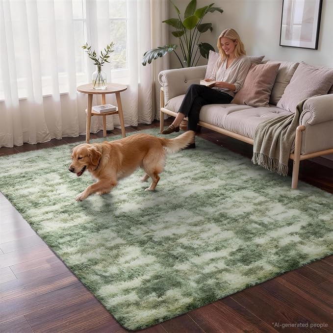 Ophanie Green and White Area Rugs for Living Room 5x7,Sage Green Fluffy Shag Large Fuzzy Plush Soft Carpets,Floor Shaggy Rugs for Bedroom,Carpet for Kids Girls Dorm Decor with Over 99 pcs Pile fibers