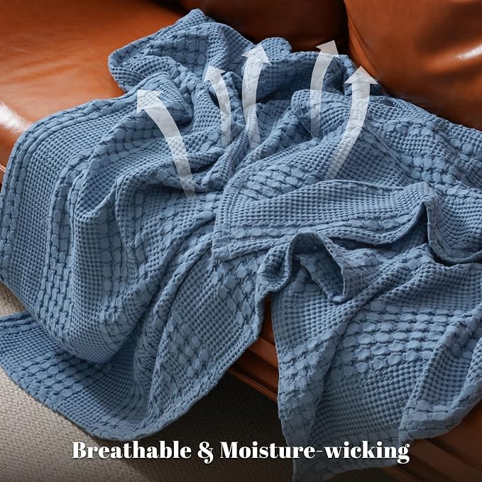 PHF Lightweight 100% Cotton Waffle Blanket for Bed, Twin XL, Denim Blue | Pre-Washed Soft Cotton Comfort, Breathable Layering Warmth for Fall & Winter, Couch & Guest Room, Couch, Home Decor & Gifts