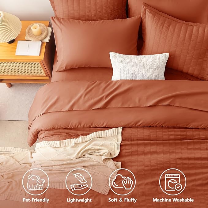 Twin XL Comforter Set 5 Pieces Burnt Orange Seersucker Bed in a Bag | OEKO-TEX Certified, College Dorm Twin Extra Long, 240 GSM Down Alternative Comforter, Flat & Fitted Sheets, Pillowcase & Sham