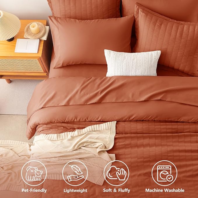 Queen Comforter Set, 7 Pieces Burnt Orange Seersucker Bed in a Bag | OEKO-TEX Certified, All Season Bedding Set with 240 GSM Down Alternative Comforter, Flat & Fitted Sheets, Pillowcases & Shams