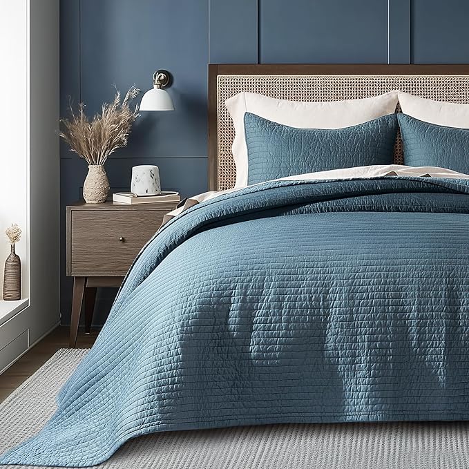 EVERGRACEHOME Cotton Sateen Quilt Set, King Size, Sonoma Blue | 100% Cotton, Channel Stitch Coverlet Bedspread, Pre-Washed Lightweight Soft Bedding Set for All Season, 3 Piece, with 2 Shams