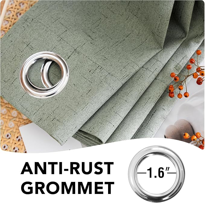H.VERSAILTEX Linen Curtains 100% Blackout Curtains for Bedroom 102 inch Long Full Light Blocking Nature Linen Blended Window Curtains for Living Room Nickel Grommet (2 Panels, Green Bay)