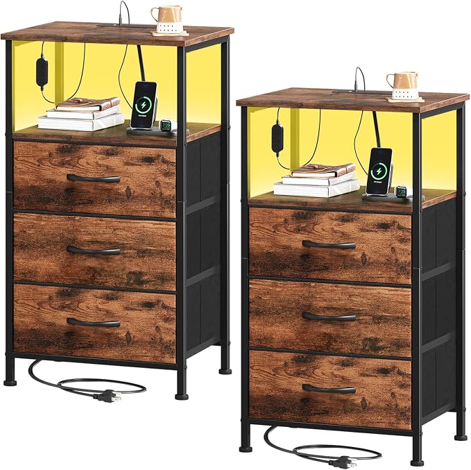Somdot Nightstands Set of 2 with 3 Drawers, Charging Station & LED Light | Open-Shelf End Tables for Bedside, Small Spaces, Bedroom, Entryway and Hallway, Brown