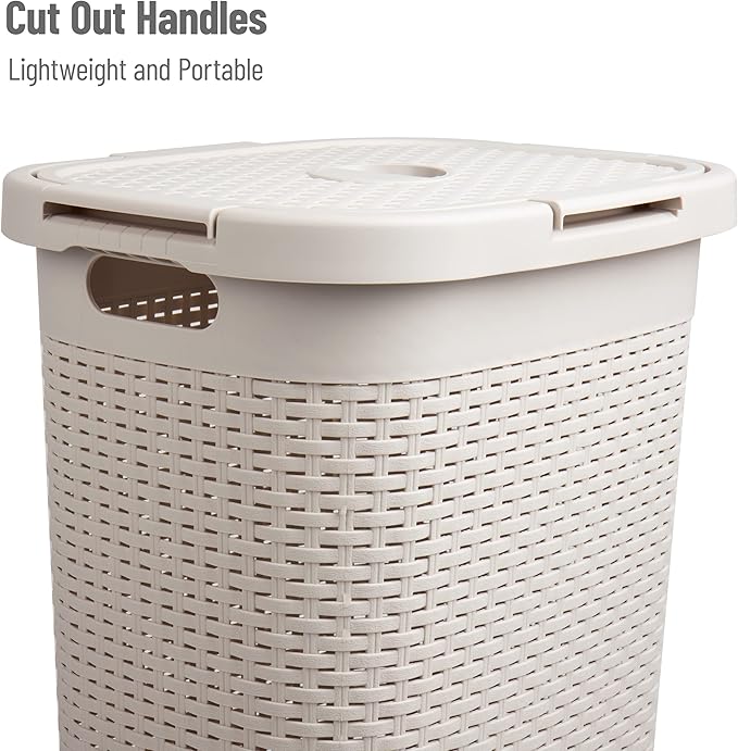 Mind Reader Tall Tapered Laundry Hamper with Lid, 60L Clothes Basket, Narrow Base Design for Bathrooms, Closets and Laundry Rooms, Plastic, 2 Pack, Ivory