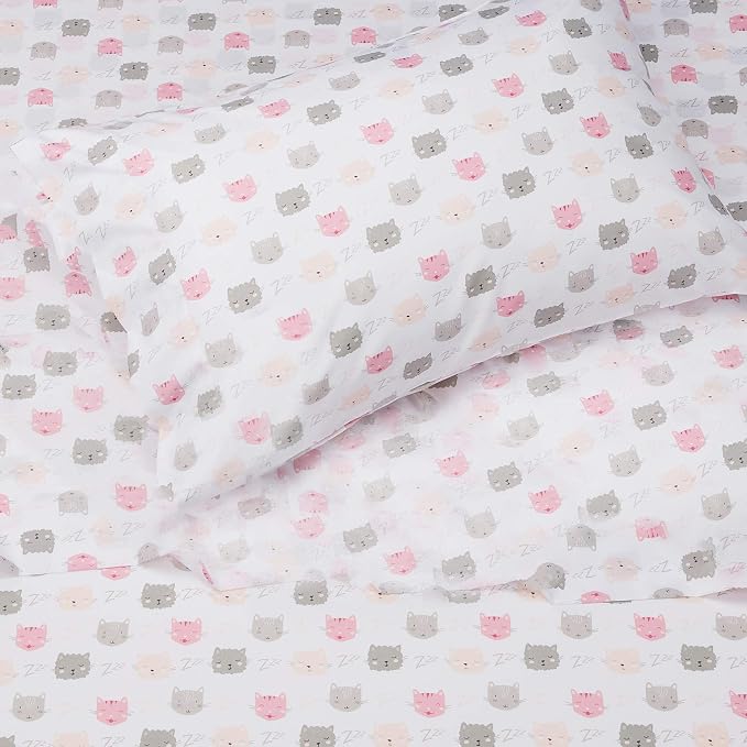 Amazon Basics Kid's Soft, Breathable, Easy-Wash Microfiber 3-Piece Sheet Set with Pillowcase, Twin, Peony Pink Kitties, Animal Print