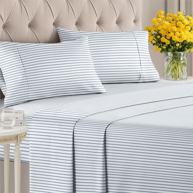 Cal King 4 Piece Striped Sheet Set - Breathable & Cooling - Ocean Stripe | 1 Flat, 1 Fitted & 2 Pillowcases w/ Deep Pockets, Luxury Striped Bedding, Soft, Breathable & Cooling, Wrinkle & Fade Free