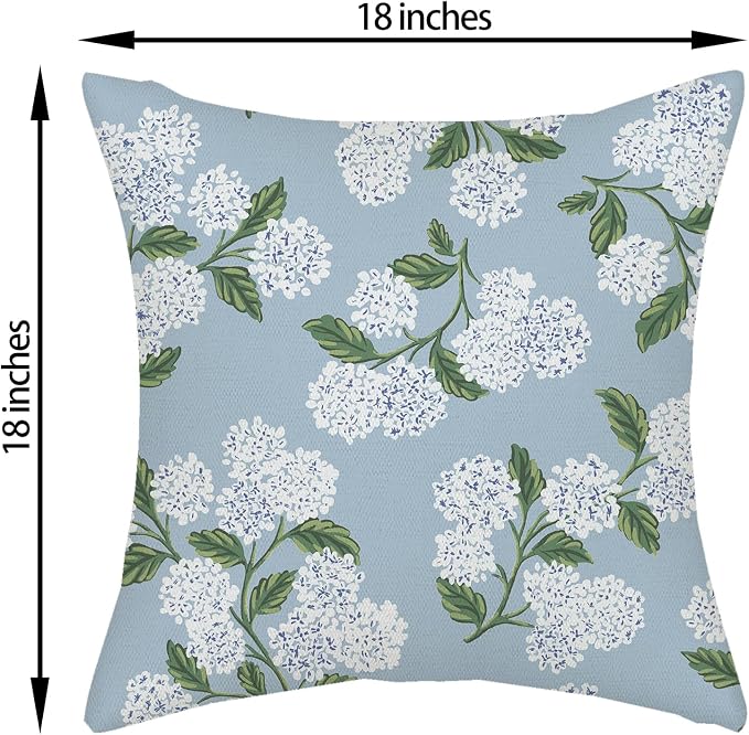 Light Blue Pillow Covers 18x18 Inch 2 Pcs Blue Green Hydrangea Flower Decor Throw Pillows Vintage Floral Seasonal Spring Summer Outdoor Decoration Pillowcase Linen Cushion Cover for Couch Sofa