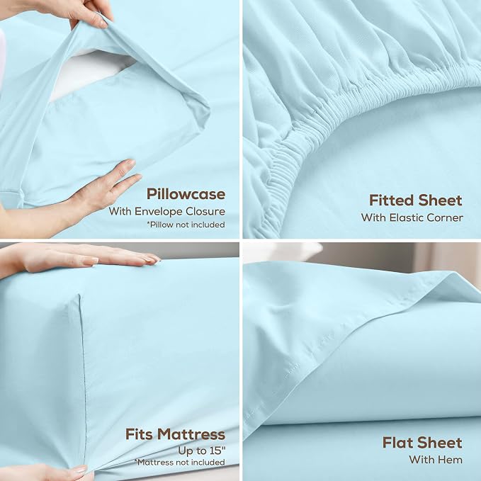 King Sheets Set, 4 Pieces 16" Deep Pocket Hotel Luxury Bed Sheets, Ice Blue | Extra Soft Bedsheet Set, Comfy & Breathable Cooling Sheets, Wrinkle & Fade Resistant, Fitted Sheet, Flat Sheet, 2 Pillowcases