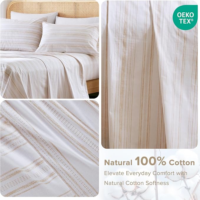 Comfort Spaces 100% Cotton Percale Sheets Twin Size 3 Pcs, Good Vibes Taupe | Crisp, Cool & Breathable Bed Sheets, 12" Deep Pocket Fits Up to 14" Mattress, Lightweight, All Season Cozy, with Pillow Case