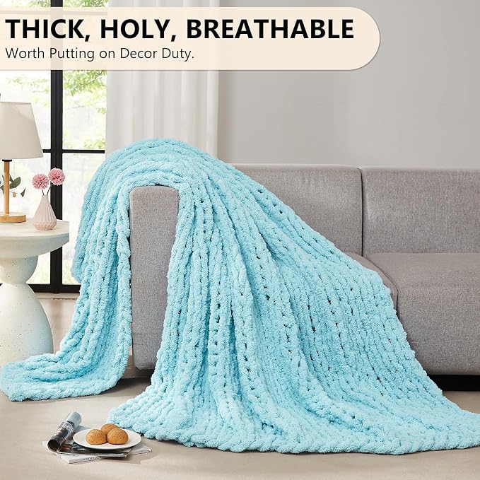 L'AGRATY Chenille Chunky Knit Blanket, Light Blue, 50x60, Heavyweight Throw Blanket for Home Decor | Handmade Chenille Crochet Blanket for Sofa Bed, Thick Cable Knitted Blankets for Room Home Decor, Birthday Gift for Women Mom