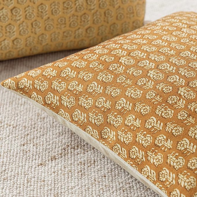 Foindtower Set of 2 Decorative Vintage Floral Print Throw Pillow Covers Neutral Modern Farmhouse Cushion Cover Boho Home Decor For Sofa Couch Chair Bedroom Living Room Outdoor,24×24 Inch,Golden Orange