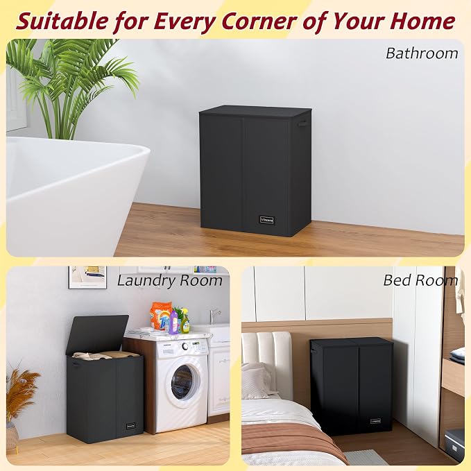 135L Laundry Hamper 2 Section, Large Laundry Hamper with Lid, Dirty Clothes Hamper with 2 Removable Inner Bags, Collapsible Laundry Basket Organizer for for Clothes Toys Towels, Hamper 2 Compartment