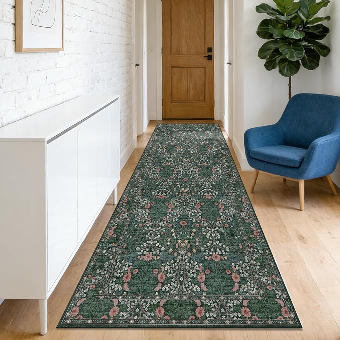 Washable 2' x 6' Runners for Hallways, Non Slip Long Floor Runner for Kitchen, Entryway Indoor, Stain Resistant Rubber Backing Floral Decor Rug (Green)