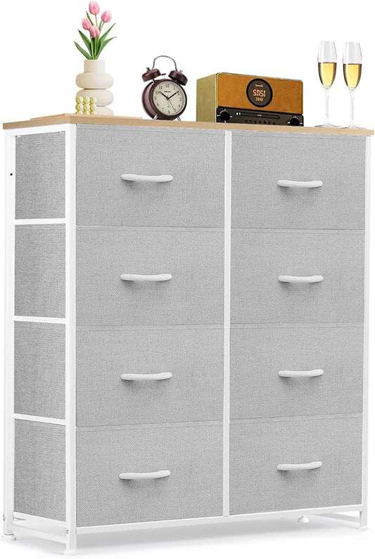 8-Drawer Dresser for Bedroom, Anti-Tip Tall Storage Organizer | Chest of Drawers with Wooden Top and Metal Frame Fabric Bins for Closet, Living Room, Hallway, Entryway, Light Gray