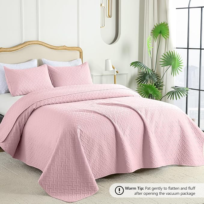 FLYMME Queen Quilt Bedding Set Pink Lightweight Bedspreads Full Size,Soft Microfiber Bed Coverlet for All Season (1 Quilt, 2 Shams)