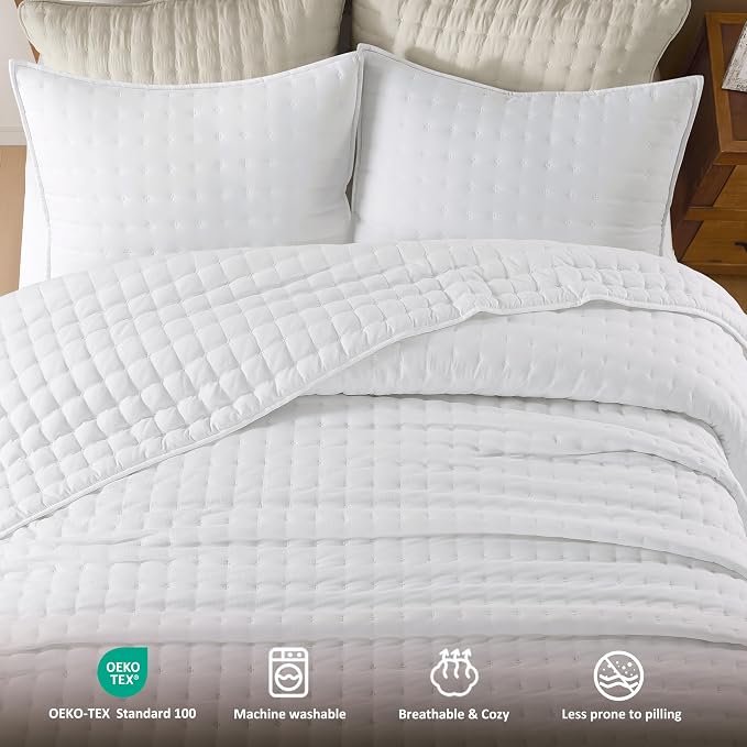 WDCOZY White Cloud Quilt Set King Size, Lightweight Soft Cross Stitch Bedspread, Farmhouse Rustic Country Coverlet, Spring Summer Thin Comforter, 3 Pieces, 2 Pillow Shams, 104x90 inches