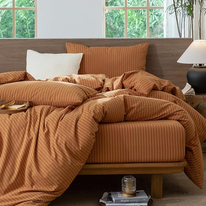 MooMee Striped Duvet Cover Set 100% Washed Cotton Linen Like King | Relaxed Linen-like Texture. Soft, Breathable & Long-lasting Comfort. Lightweight. Hidden Zipper with 8 Interior Corner Ties
