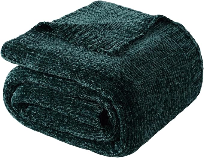 Dark Green Throw Blanket, Chenille Throw Blanket for Couch Bed 51"x67" | Shiny Chenille Blanket, Christmas Green Knit Throw Blanket, Soft Warm Chenille Knitted Blanket for Home Decor