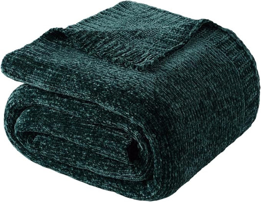 Dark Green Throw Blanket, Chenille Throw Blanket for Couch Bed 51"x67" | Shiny Chenille Blanket, Christmas Green Knit Throw Blanket, Soft Warm Chenille Knitted Blanket for Home Decor