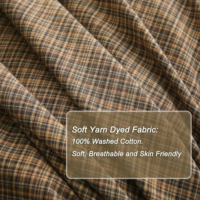 Silnuo Warm Camel Plaid Gingham Ruffle 3-Piece Duvet Cover Set Queen Size | 100% Washed Cotton Shabby Checkered Plaid Bedding Set Farmhouse Comforter Set(Queen,Warm Camel)
