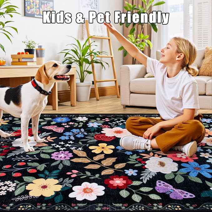 PLHXFR 2.6x10 Washable Runner Rug：Floral Indoor Kitchen Soft Carpet Black | For Hallway Bedroom Kitchen Laundry Bathroom Dorm,Vintage Floral,Machine washable,Non Slip,Stain Resistant,Indoor Floor