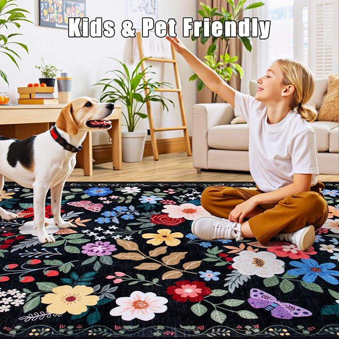 PLHXFR Area Rug 10x12 Living Room: Floral Washable Boho Soft Carpet Black | For Bedroom Dining Room Farmhouse Nursery Hallway,Vintage Floral,Machine washable,Non Slip,Stain Resistant,Large Indoor