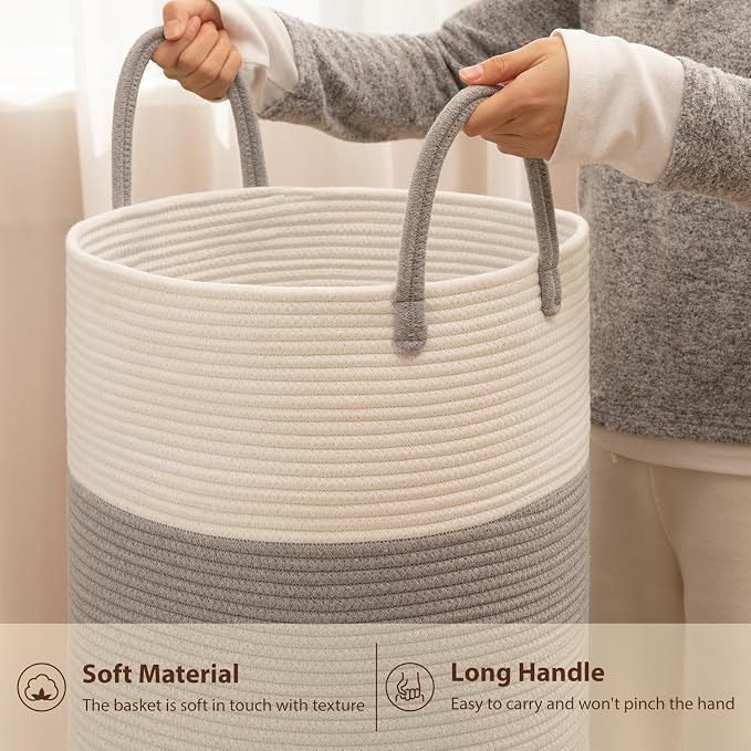 OIAHOMY 100L Nursery Hamper Laundry Basket Laundry Hamper Grey/White | collapsible Blanket Basket Cotton Rope Woven Basket Dirty Clothes Hamper Baby Hamper Tall Clothes Hamper with Handles