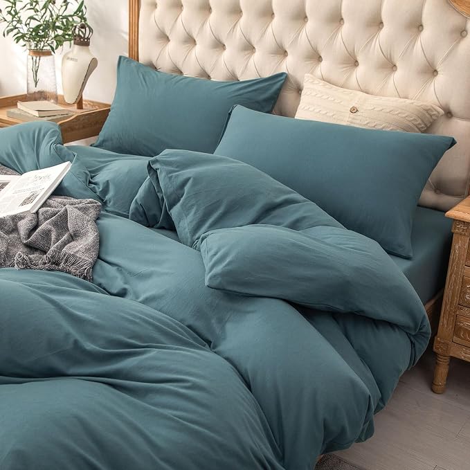 PURE ERA Jersey Knit Sheet Set Solid Cerulean Blue Oversized Queen | 100% Cotton, 3 Piece Set, T Shirt Soft, Breathable, Envelope Closure Pillowcases, Hidden Zipper, 8 Ties, No Insert, Modern