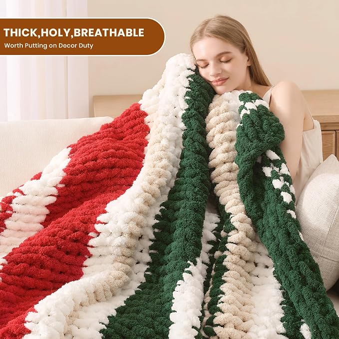 L'AGRATY Chunky Knit Throw Blanket for Couch, 60 x 80 Inches, Red Green | Handmade Chenille Crochet Blanket for Sofa Bed, Thick Cable Knitted Blankets for Room Home Decor, Birthday Gift for Women Mom