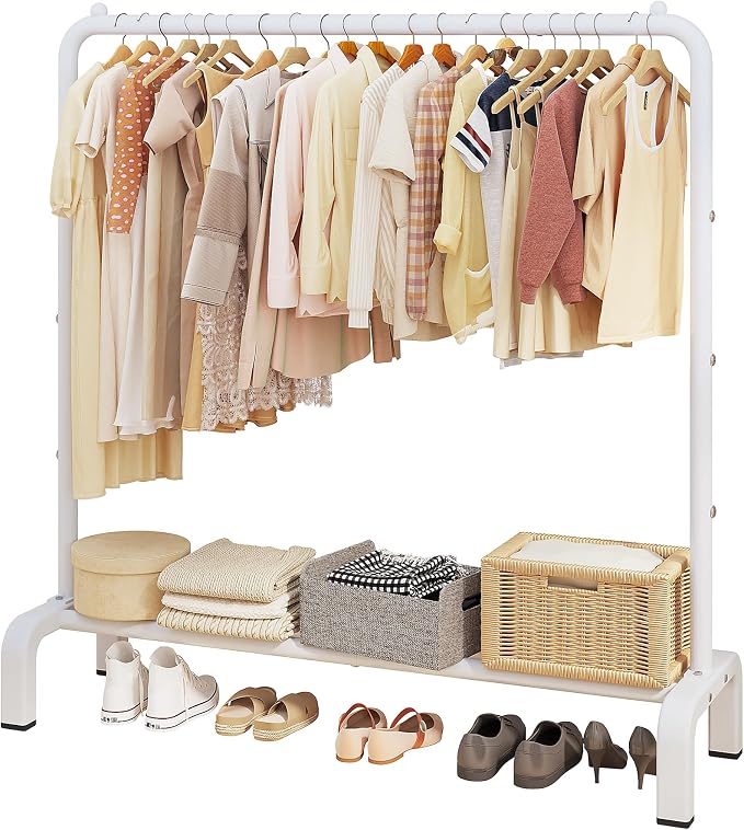 JIUYOTREE Metal Clothing Rack, 43.3 Inches Clothes Garment Coat Rack with Bottom Shelf for Hanging Skirts, Shirts, Sweaters, White | Metal 43.3 Inches Garment Rack Clothing Clothes Rack with Bottom Shelf for Hanging Clothes Coats Skirts Shirts Sweaters...