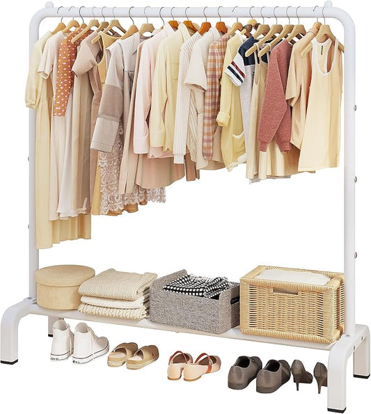 JIUYOTREE Metal Clothing Rack, 43.3 Inches Clothes Garment Coat Rack with Bottom Shelf for Hanging Skirts, Shirts, Sweaters, White | Metal 43.3 Inches Garment Rack Clothing Clothes Rack with Bottom Shelf for Hanging Clothes Coats Skirts Shirts Sweaters...
