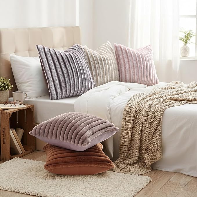 decorUhome Fall Faux Fur Throw Pillow Covers 16x16 Set of 2 Pink White | Decorative Soft Cozy Striped Plush Modern Farmhouse Boho Couch Pillow Cases Velvet Back for Sofa Bed Living Room Home Decor