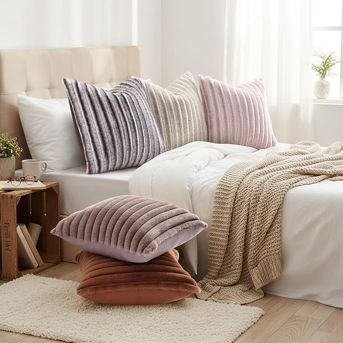 decorUhome Fall Faux Fur Throw Pillow Covers 26x26 Set of 2 Beige White | Decorative Soft Cozy Striped Plush Modern Farmhouse Boho Couch Pillow Cases Velvet Back for Sofa Bed Living Room Home Decor