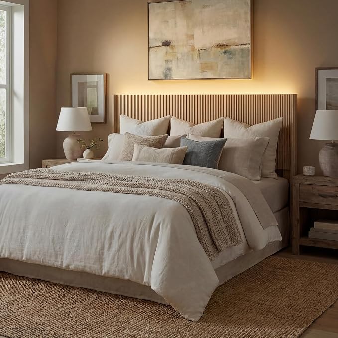 King Size Headboard Only, Modern Fluted Wall-Mounted Head Board with Lighting, Boho Wood Bed headboard Stylish Bedroom Decor, Natural