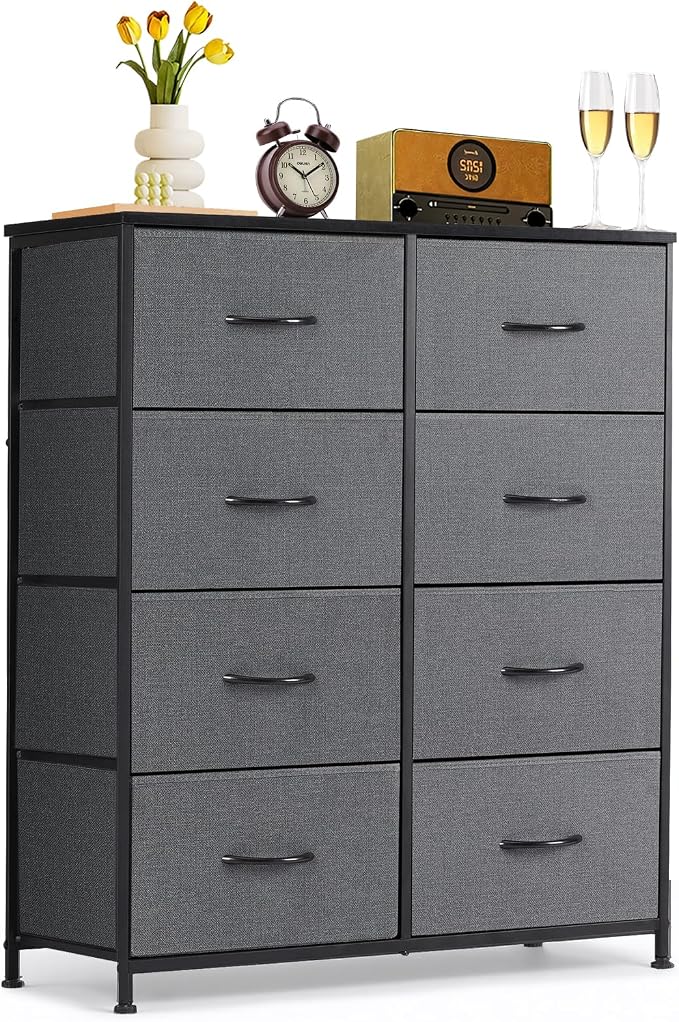8-Drawer Dresser for Bedroom, Anti-Tip Tall Storage Organizer | Chest of Drawers with Wooden Top and Metal Frame Fabric Bins for Closet, Living Room, Hallway, Entryway, Gray